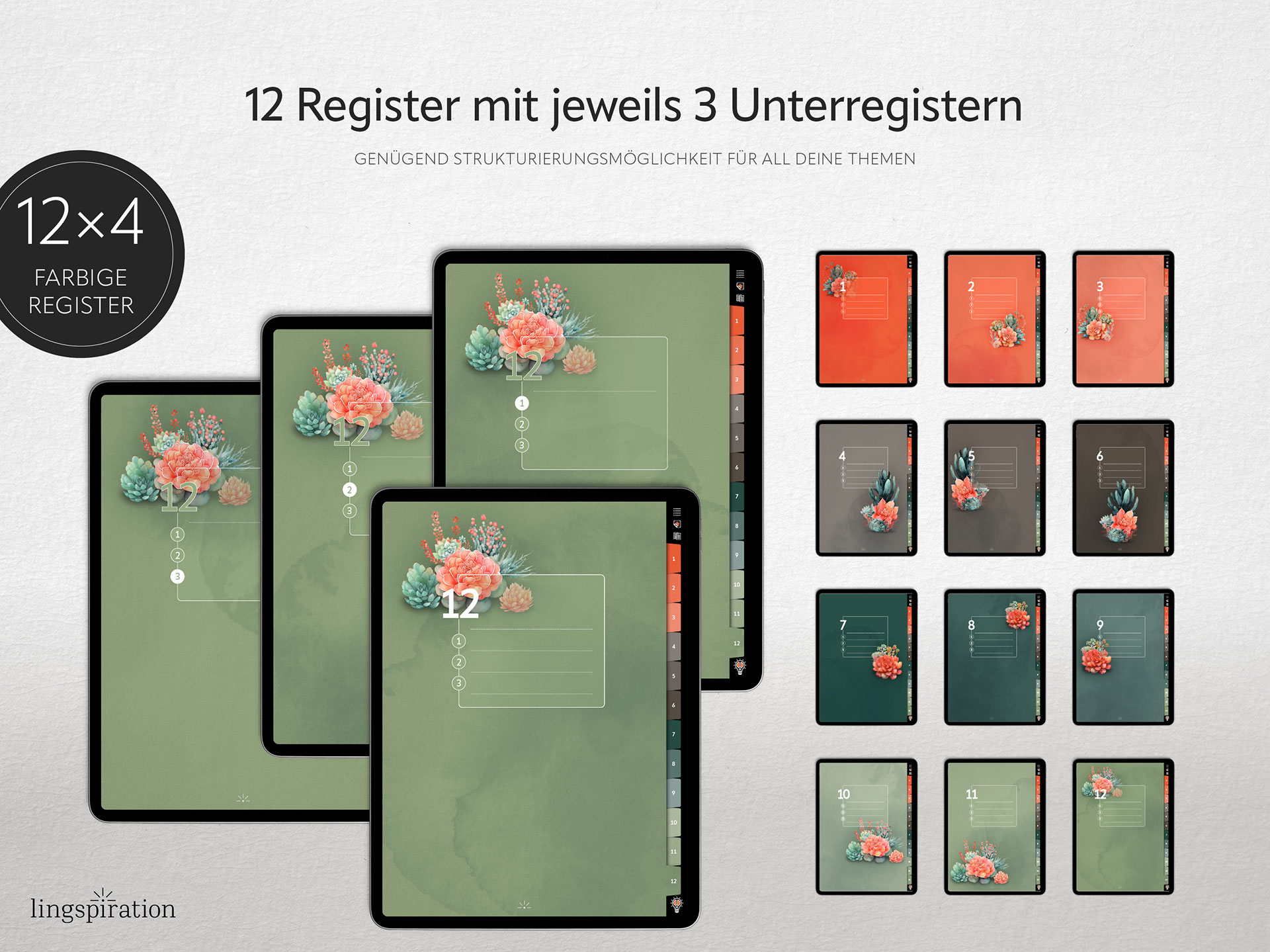 Digitales Notizbuch mit 12 Registern in Sukkulenten-Optik.