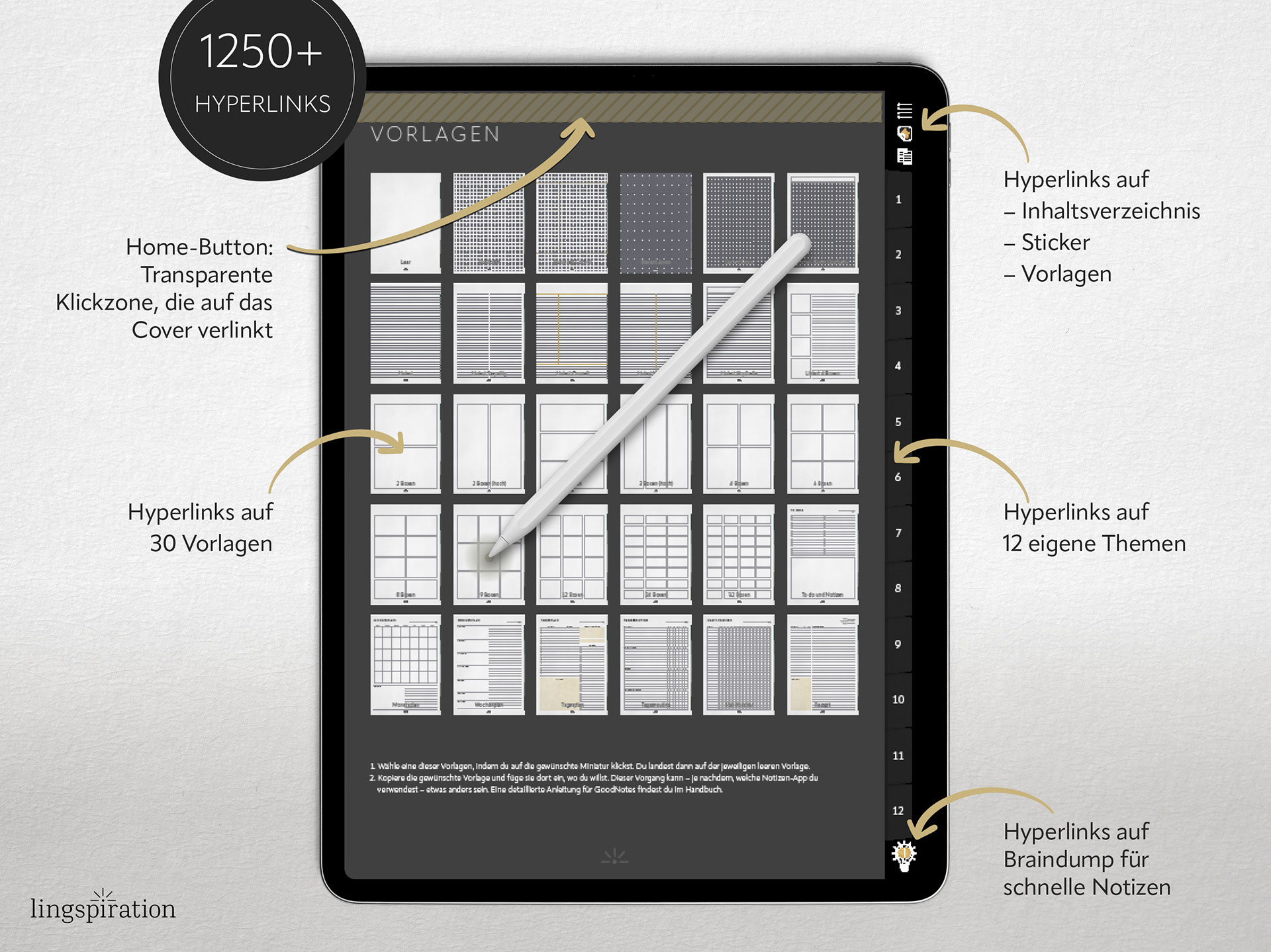 Digitales Notizbuch in b&w-Gold: Navigation und 1250+ Hyperlinks