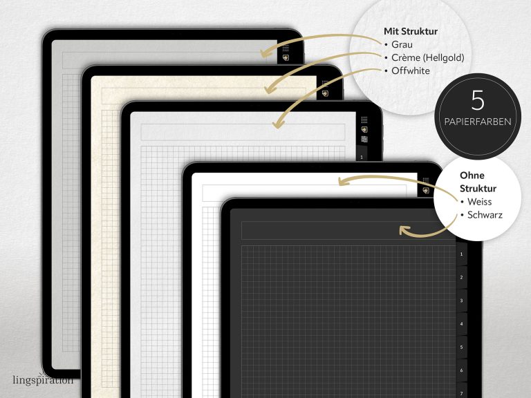 Digitales Notizbuch in b&w-Gold: 5 Papierfarben