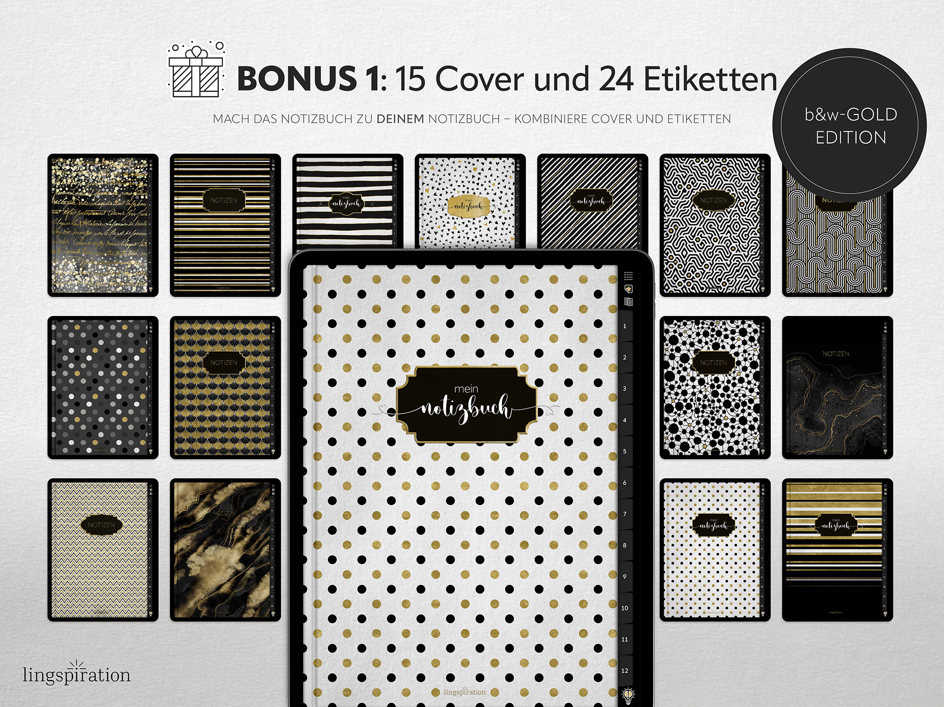 Digitales Notizbuch in b&w-Gold, Bonus 1: 15 Cover