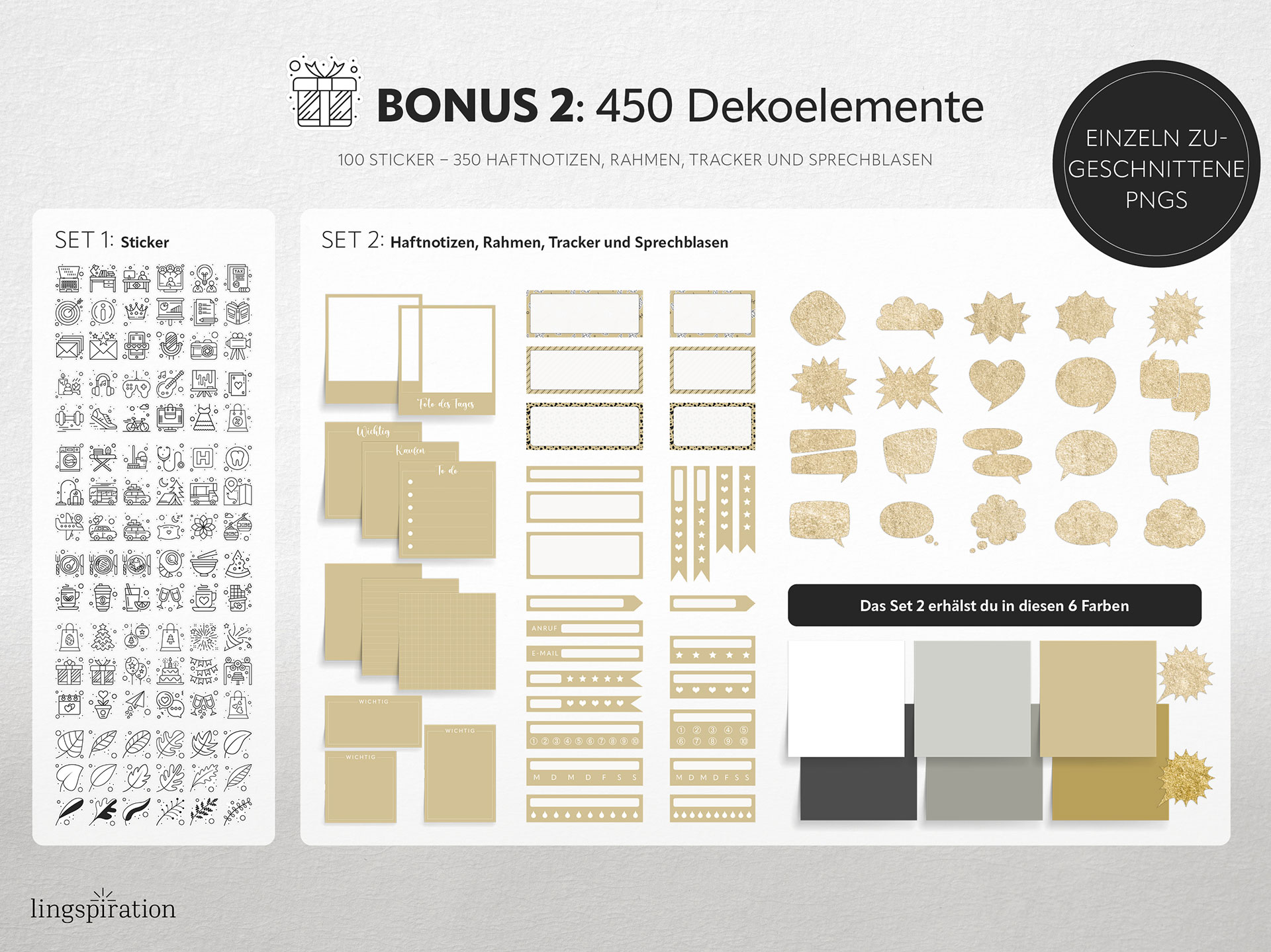 Digitales Notizbuch in b&w-Gold, Bonus 2: Dekoelemente und Sticker